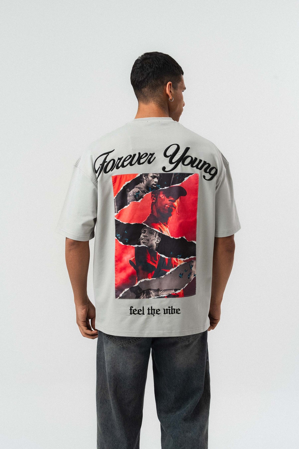 Forever Young Baskılı Gri Oversize Baskılı T-Shirt