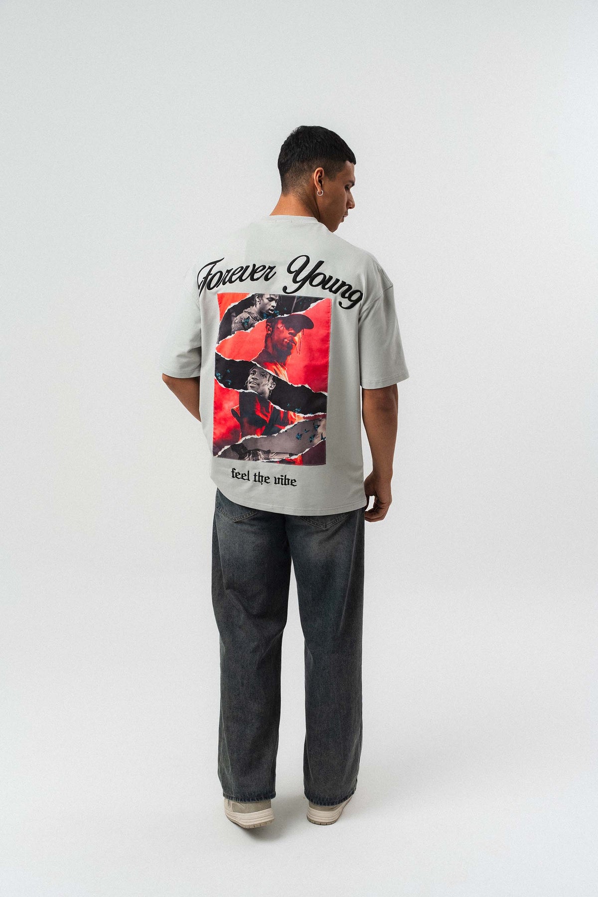 Forever Young Baskılı Gri Oversize Baskılı T-Shirt