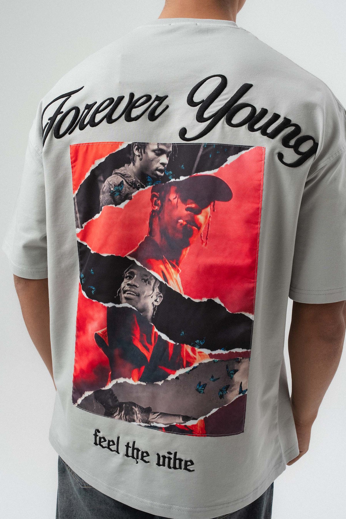 Forever Young Baskılı Gri Oversize Baskılı T-Shirt