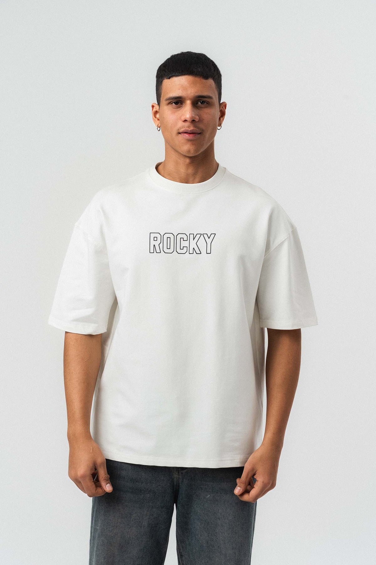 Rocky Balboa Kabartma Detaylı Beyaz Oversize Baskılı T-Shirt