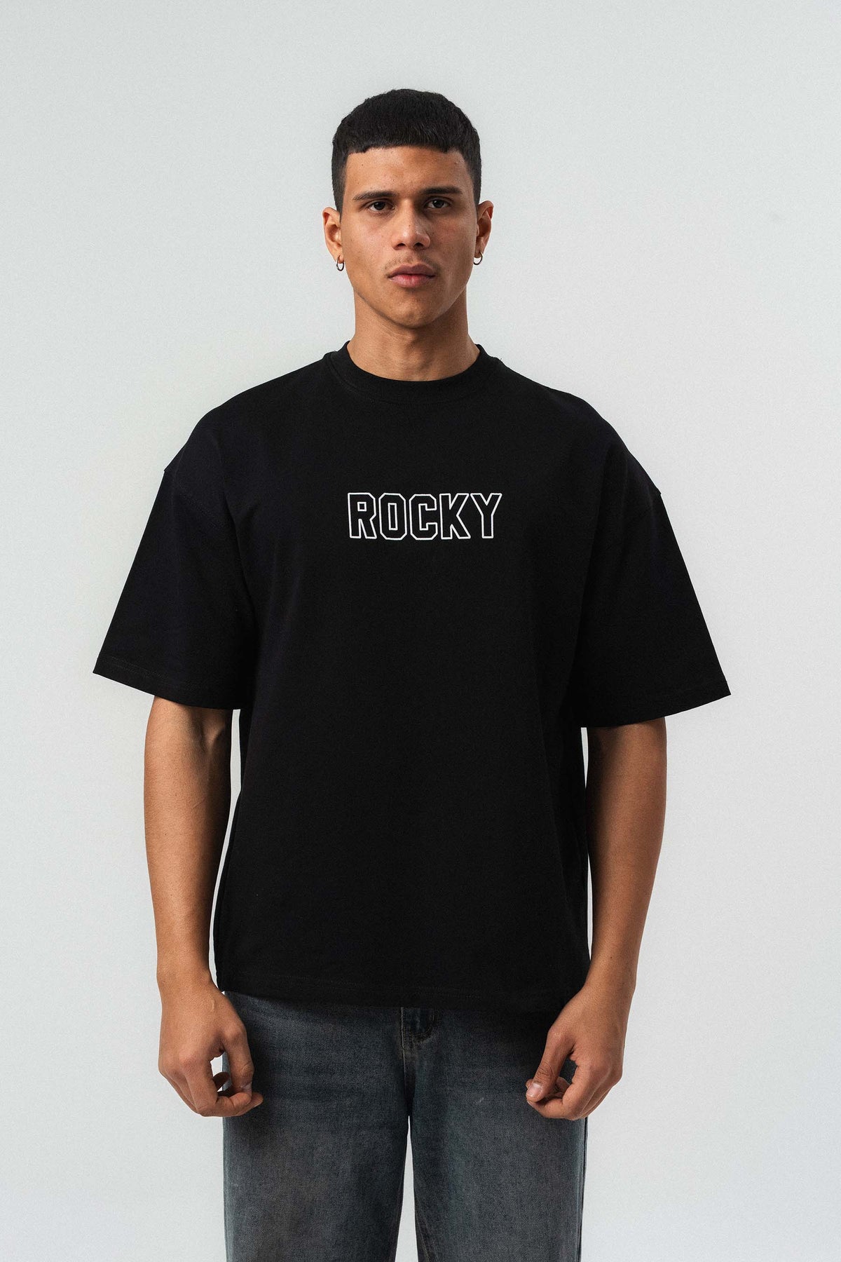 Rocky Balboa Kabartma Detaylı Siyah Oversize Baskılı T-Shirt