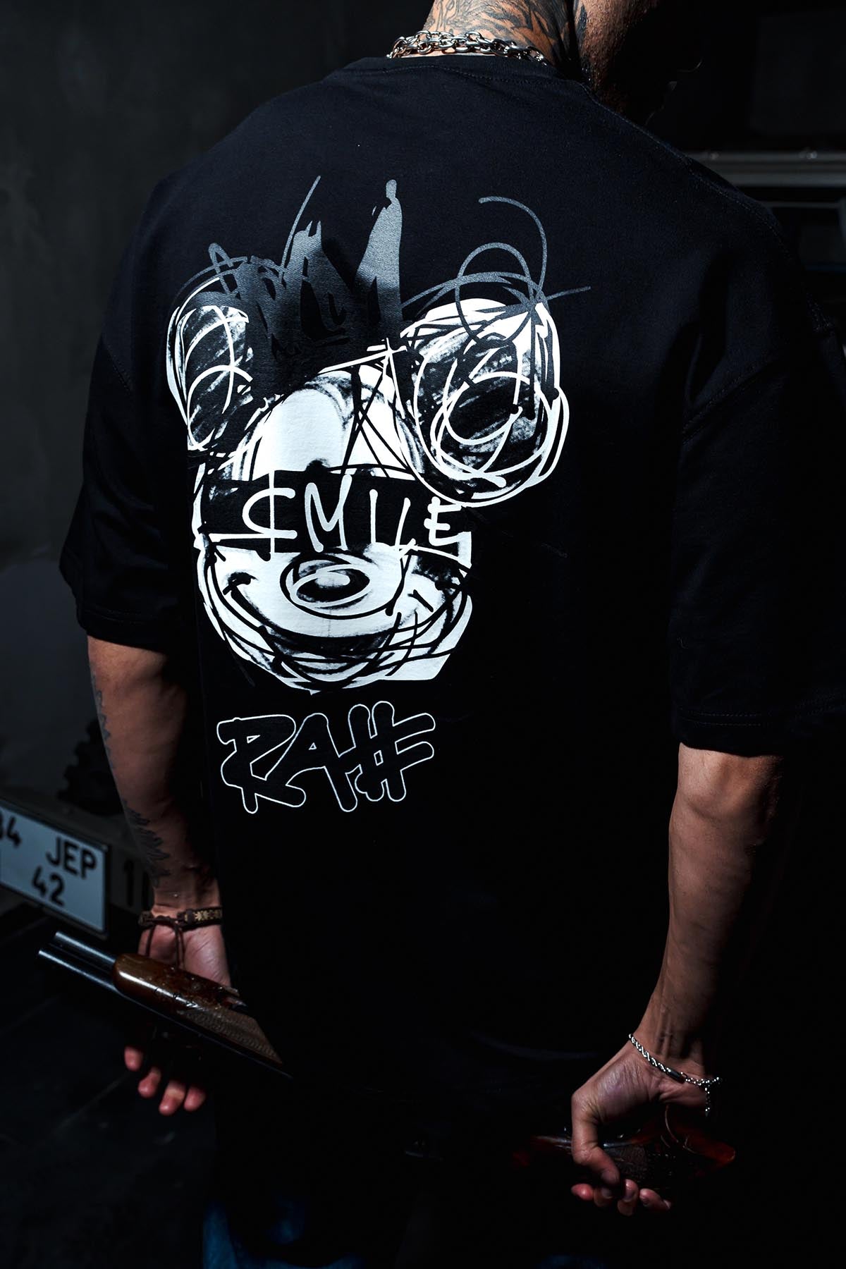 Smile Mickey Print Oversize Black T-shirt
