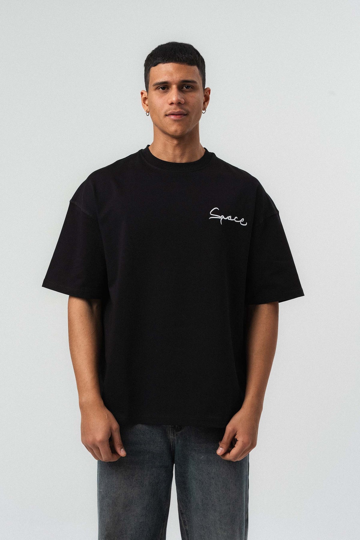 Space Etnik Desen Nakış Detaylı Siyah Oversize Baskılı T-Shirt