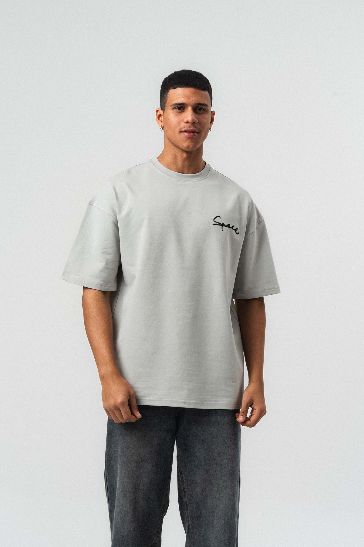 Space Etnik Desen Nakış Detaylı Gri Oversize Baskılı T-Shirt