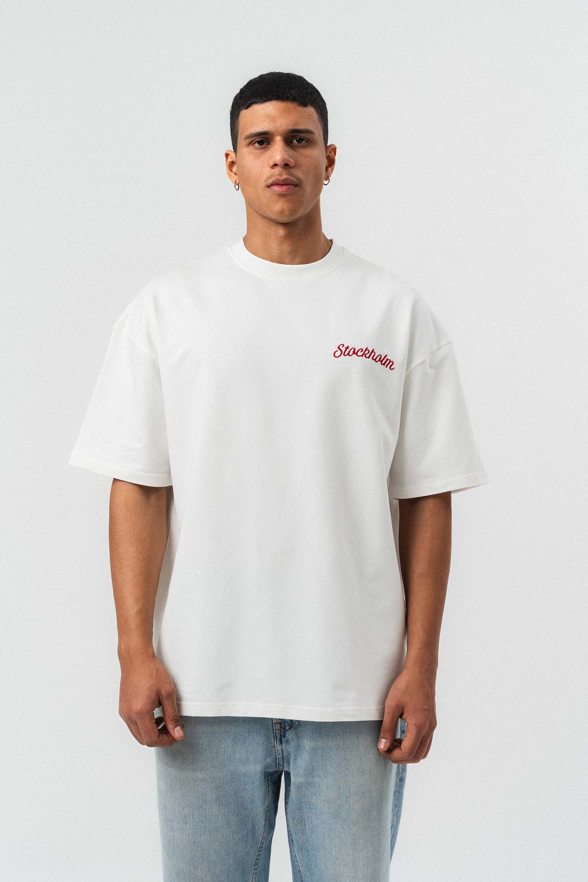 Stockholm Nakış Detaylı Beyaz Oversize Baskılı T-Shirt