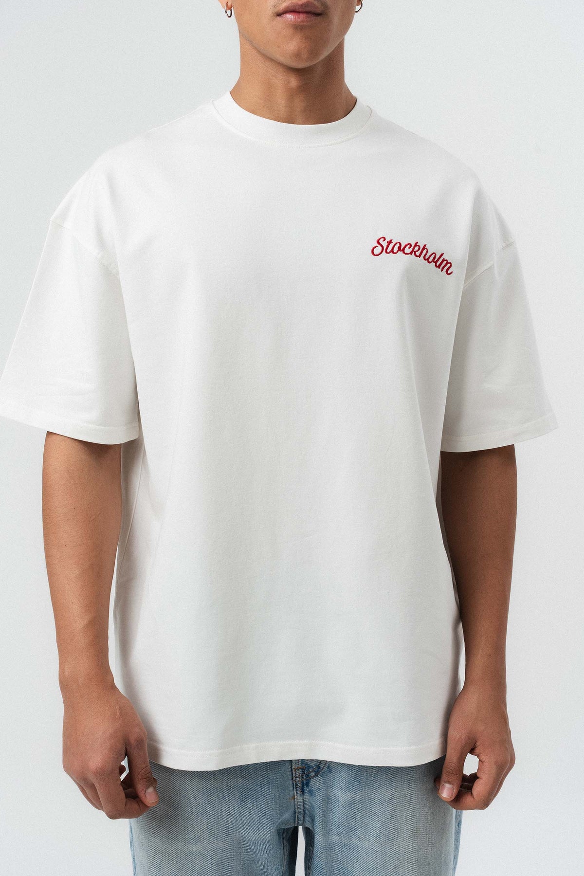Stockholm Nakış Detaylı Beyaz Oversize Baskılı T-Shirt
