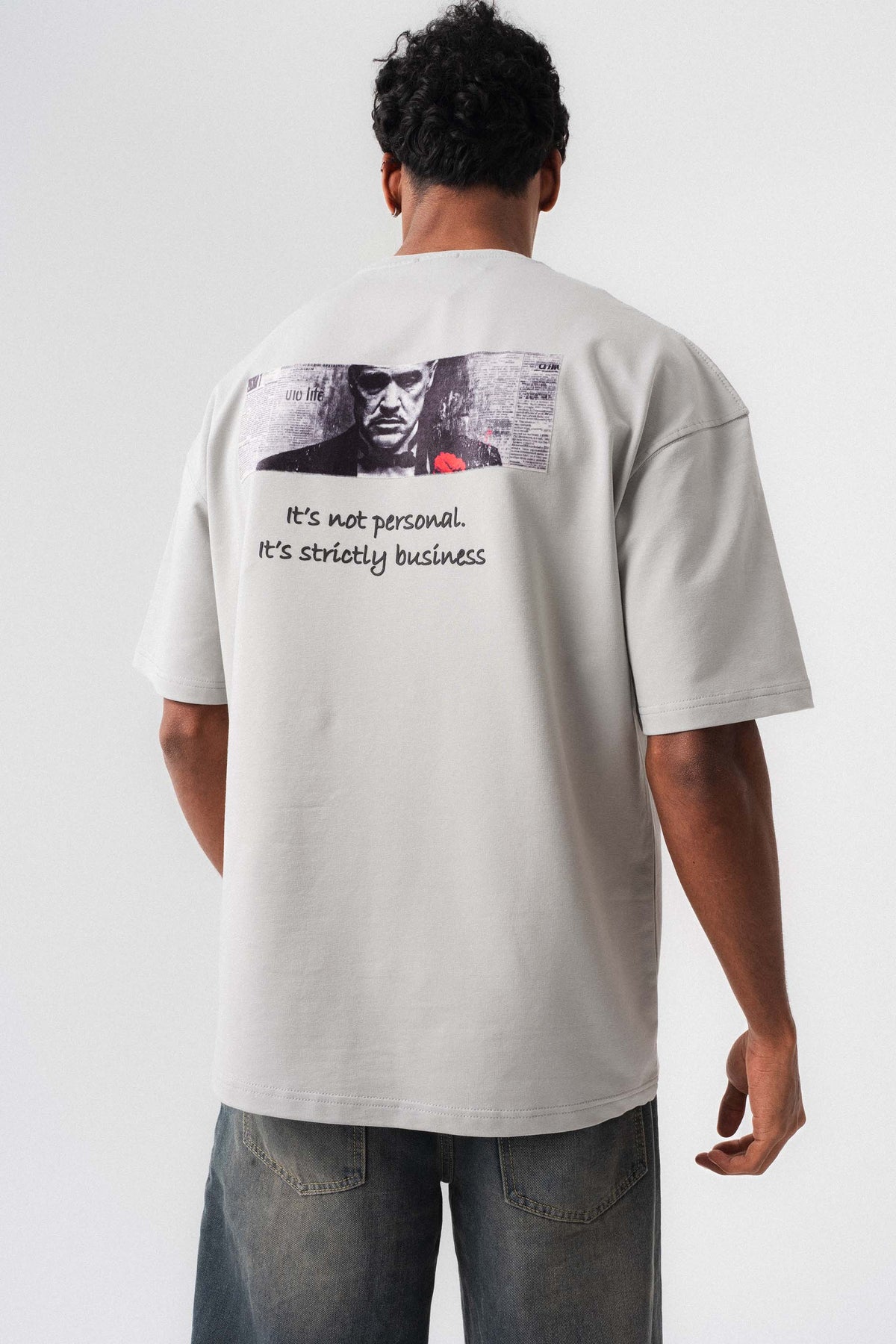 The Godfather Gri Oversize Baskılı T-Shirt