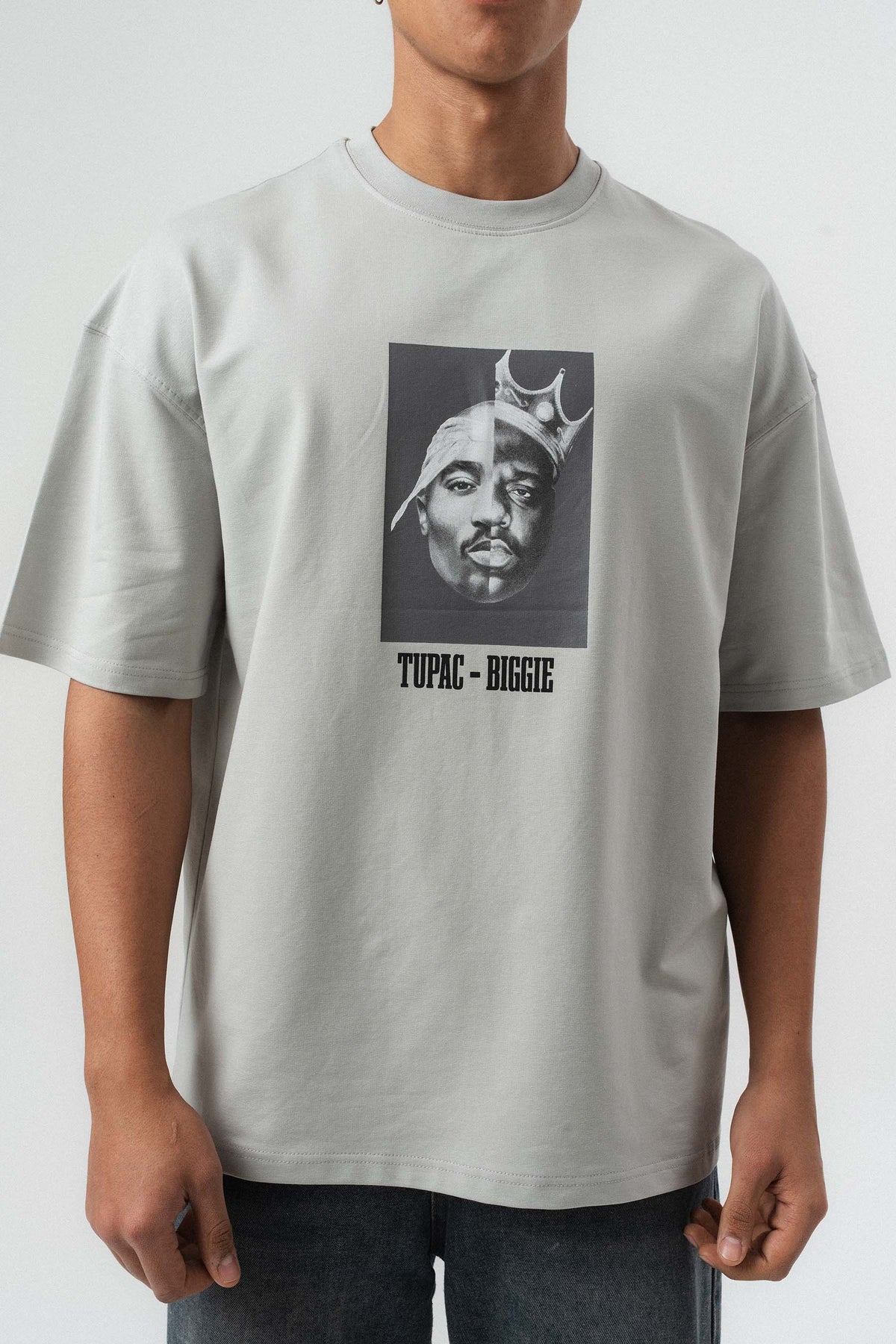 Tupac Biggie Baskılı Gri Oversize Baskılı T-Shirt