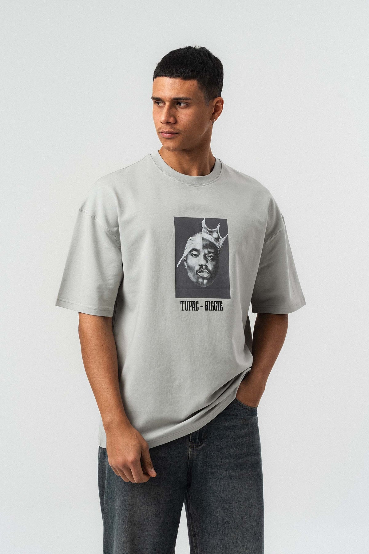 Tupac Biggie Baskılı Gri Oversize Baskılı T-Shirt
