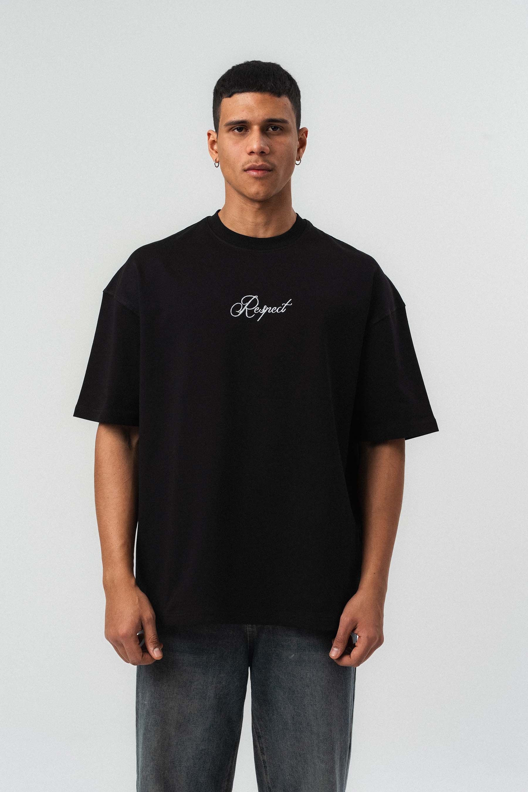 Respect Etnik Desen Siyah Oversize Baskılı T-Shirt