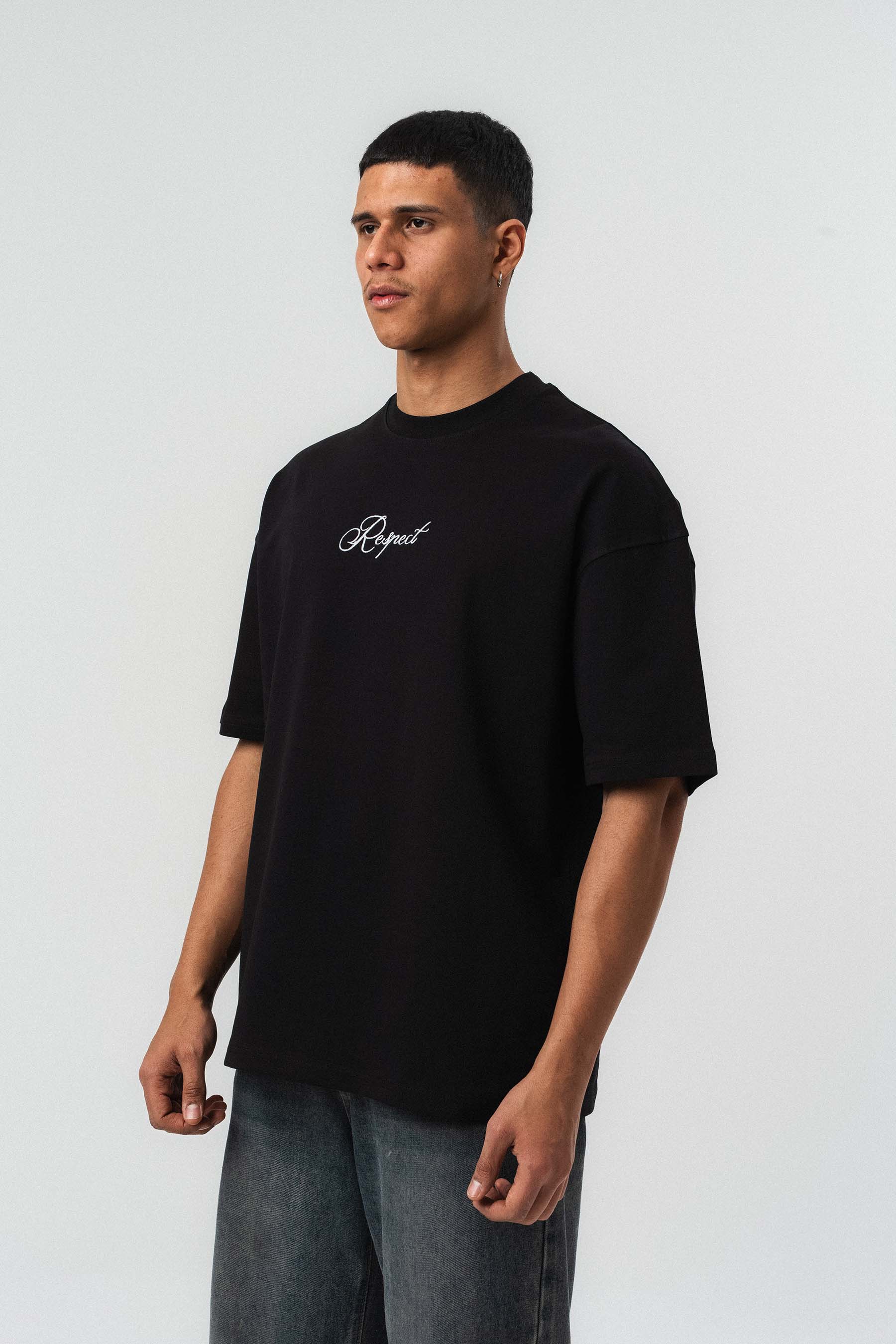 Respect Etnik Desen Siyah Oversize Baskılı T-Shirt