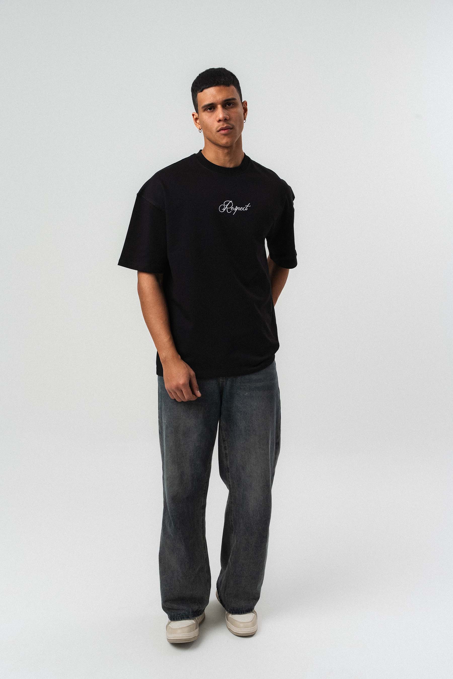 Respect Etnik Desen Siyah Oversize Baskılı T-Shirt