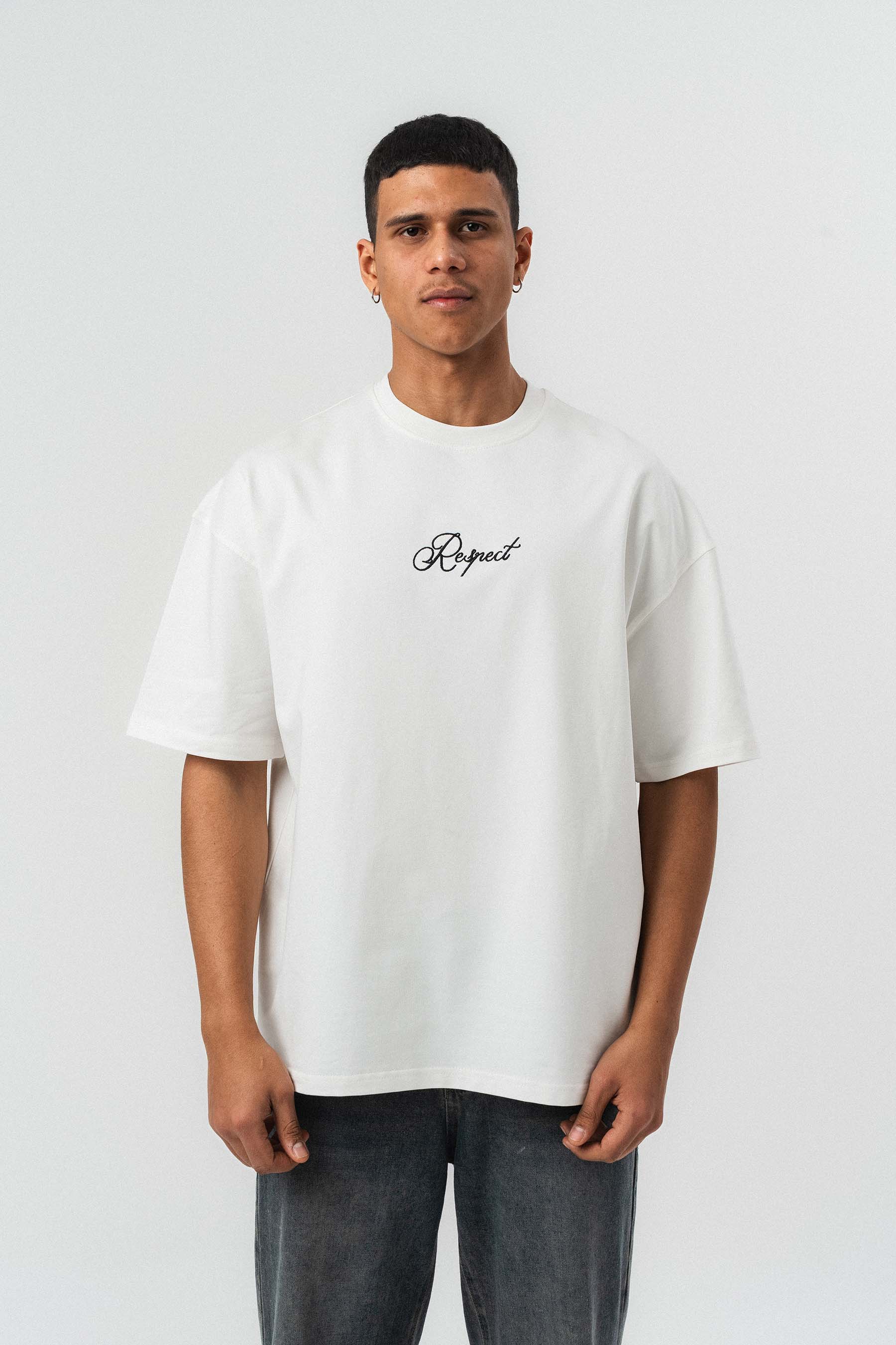 Respect Etnik Desen Beyaz Oversize Baskılı T-Shirt