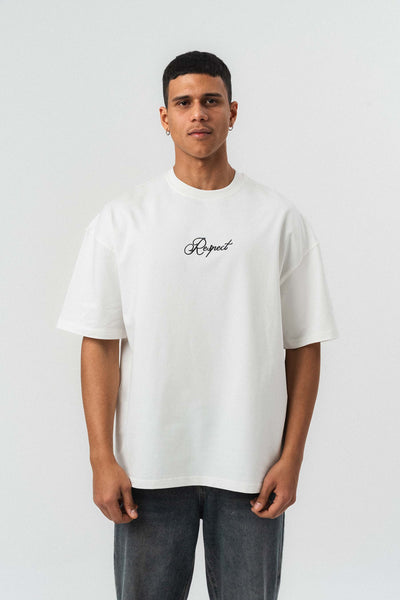 Respect Etnik Desen Beyaz Oversize Baskılı T-Shirt