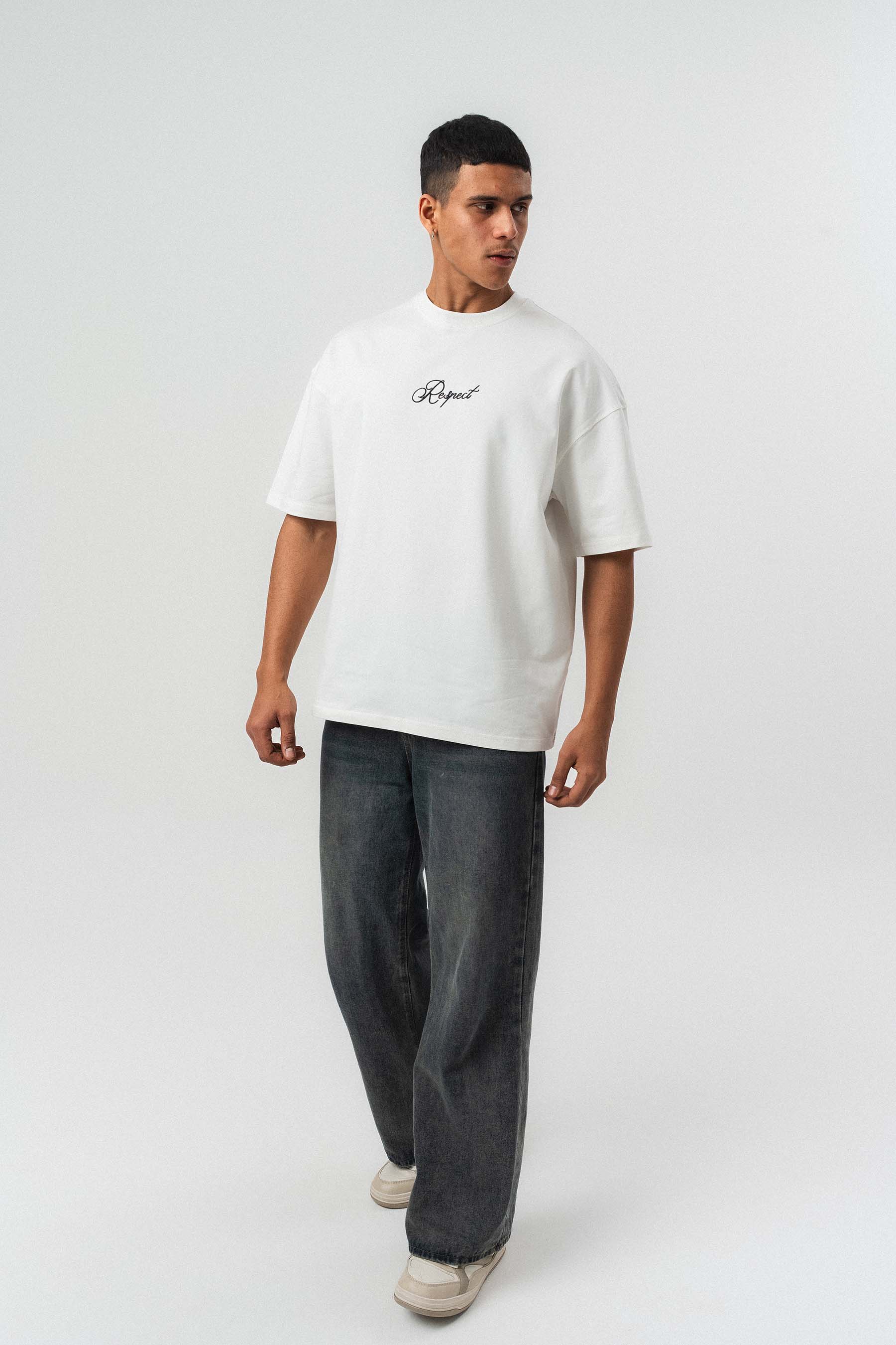 Respect Etnik Desen Beyaz Oversize Baskılı T-Shirt