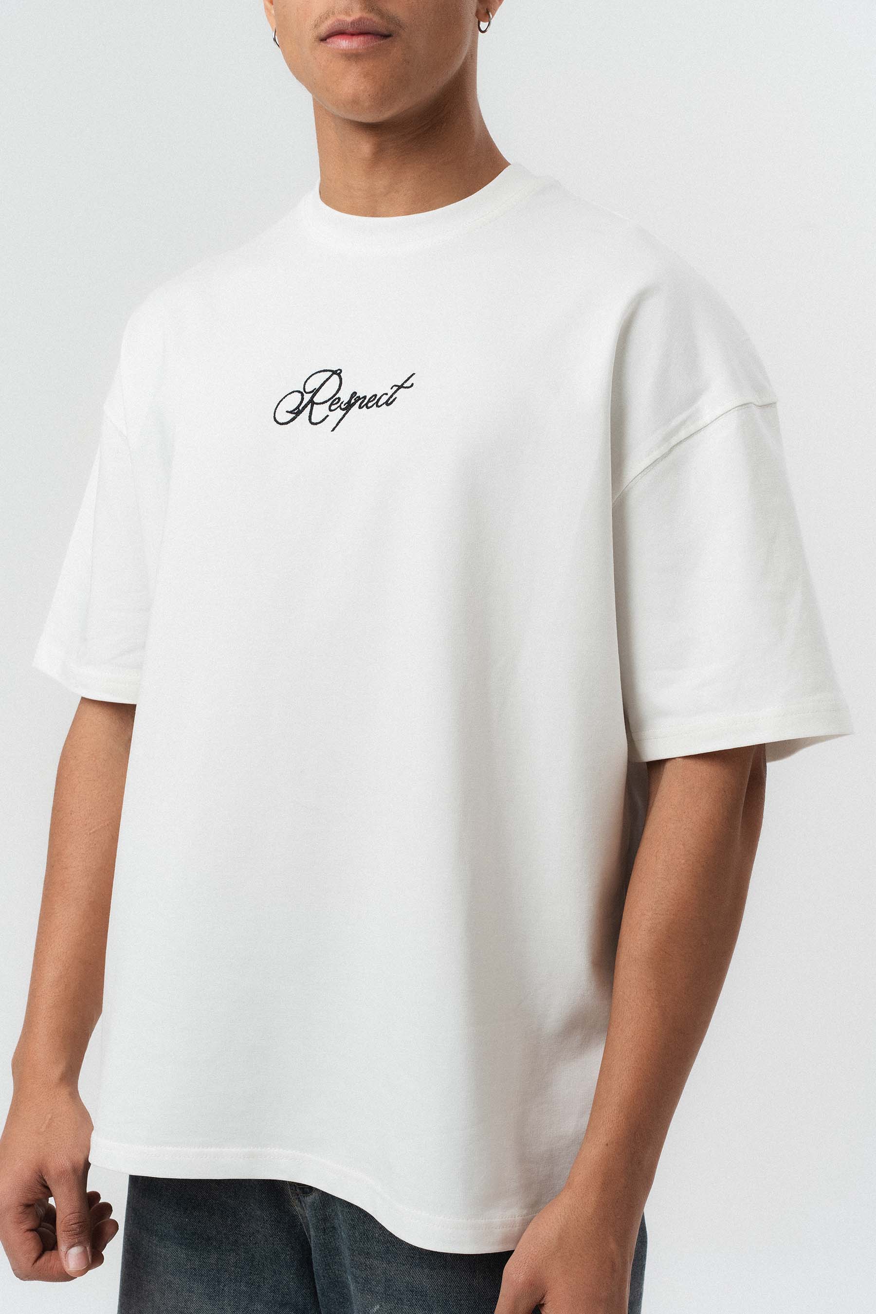 Respect Etnik Desen Beyaz Oversize Baskılı T-Shirt