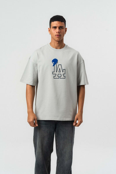 LA Nakış Detaylı Gri Oversize Baskılı T-Shirt