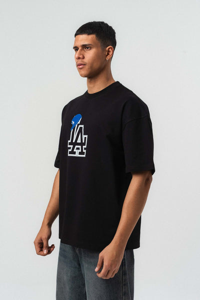 LA Nakış Detaylı Siyah Oversize Baskılı T-Shirt