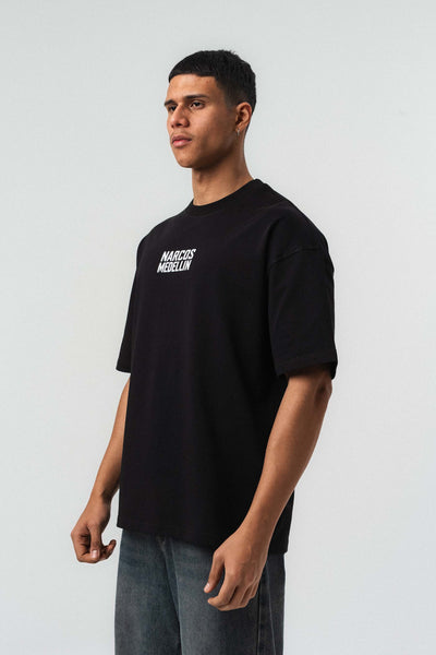 Narcos Medellin Nakış Detaylı Siyah Oversize Baskılı T-Shirt