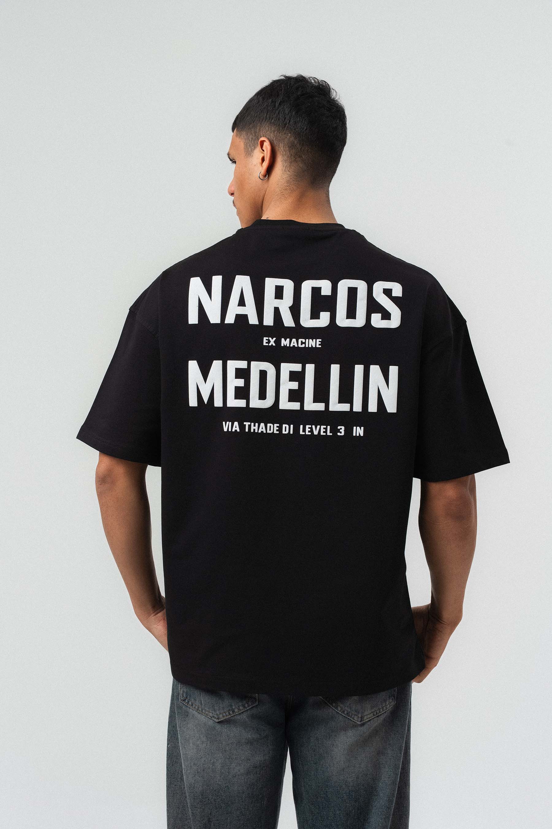 Narcos Medellin Nakış Detaylı Siyah Oversize Baskılı T-Shirt
