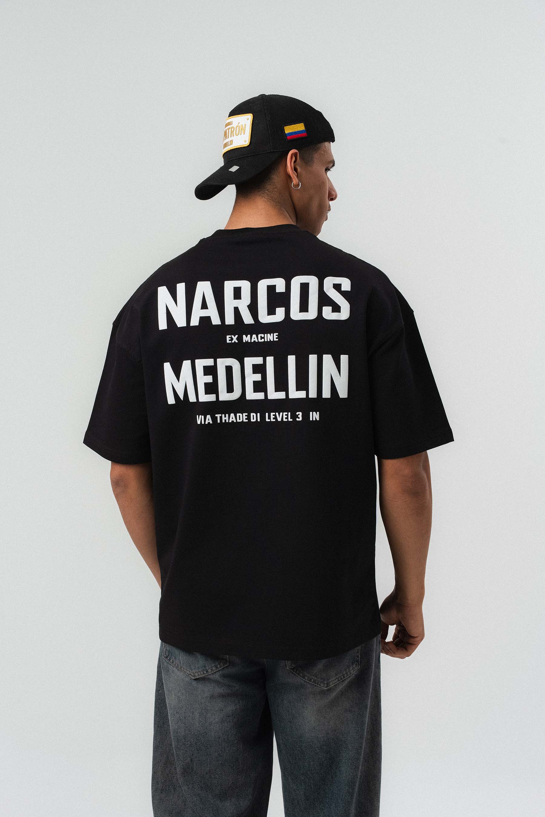 Narcos Medellin Nakış Detaylı Siyah Oversize Baskılı T-Shirt