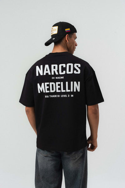 Narcos Medellin Nakış Detaylı Siyah Oversize Baskılı T-Shirt