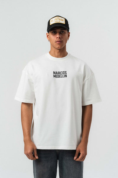 Narcos Medellin Nakış Detaylı Beyaz Oversize Baskılı T-Shirt