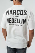 Narcos Medellin Nakış Detaylı Beyaz Oversize Baskılı T-Shirt