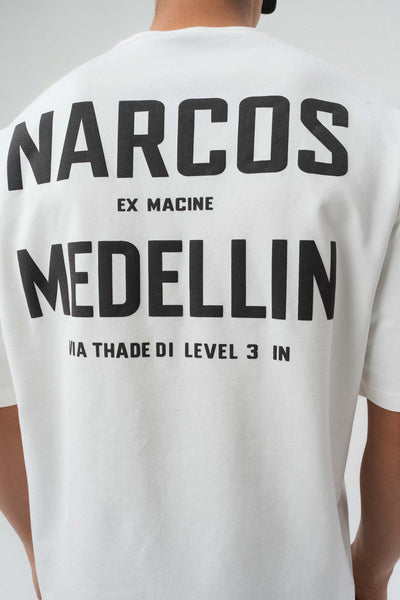 Narcos Medellin Nakış Detaylı Beyaz Oversize Baskılı T-Shirt