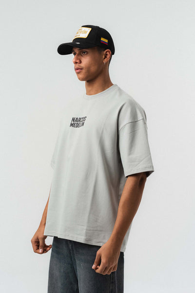 Narcos Medellin Nakış Detaylı Gri Oversize Baskılı T-Shirt