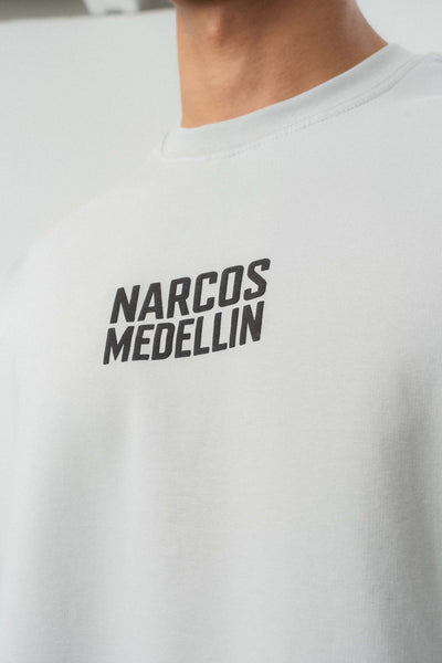 Narcos Medellin Nakış Detaylı Gri Oversize Baskılı T-Shirt