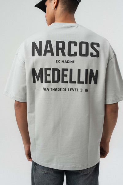 Narcos Medellin Nakış Detaylı Gri Oversize Baskılı T-Shirt