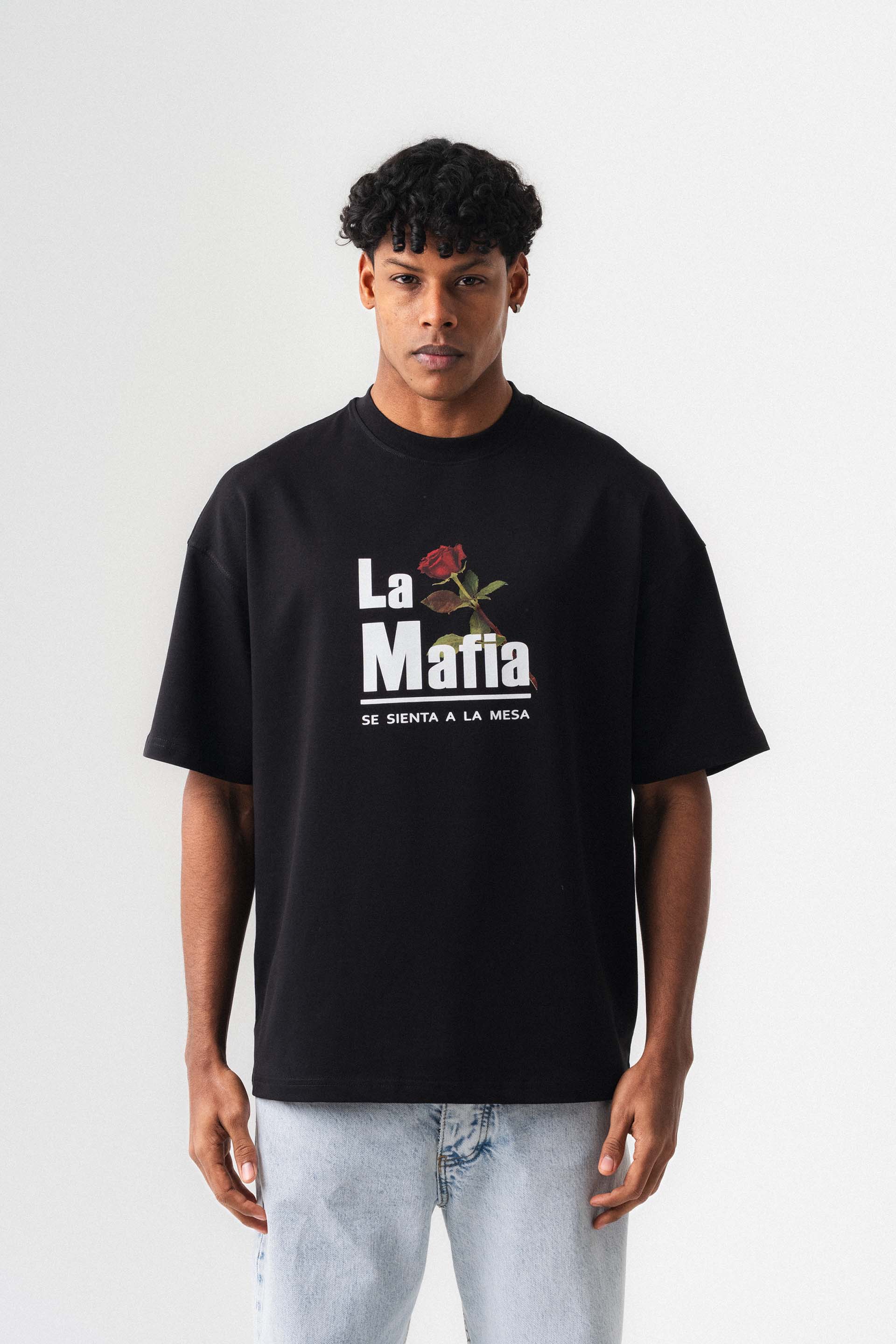 La Mafia Siyah Oversize Baskılı T-Shirt
