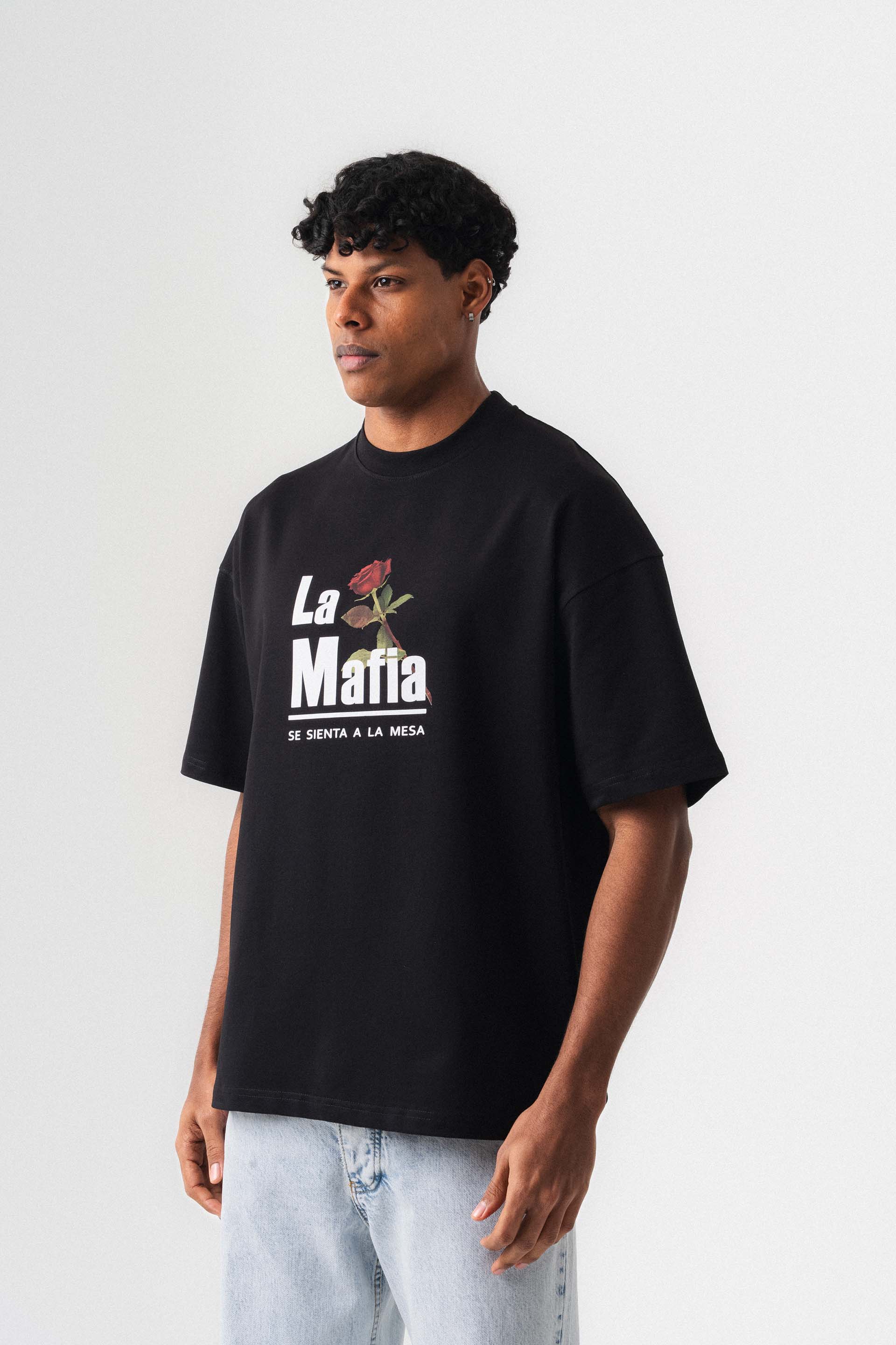 La Mafia Siyah Oversize Baskılı T-Shirt