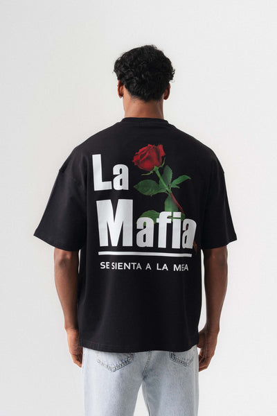 La Mafia Siyah Oversize Baskılı T-Shirt