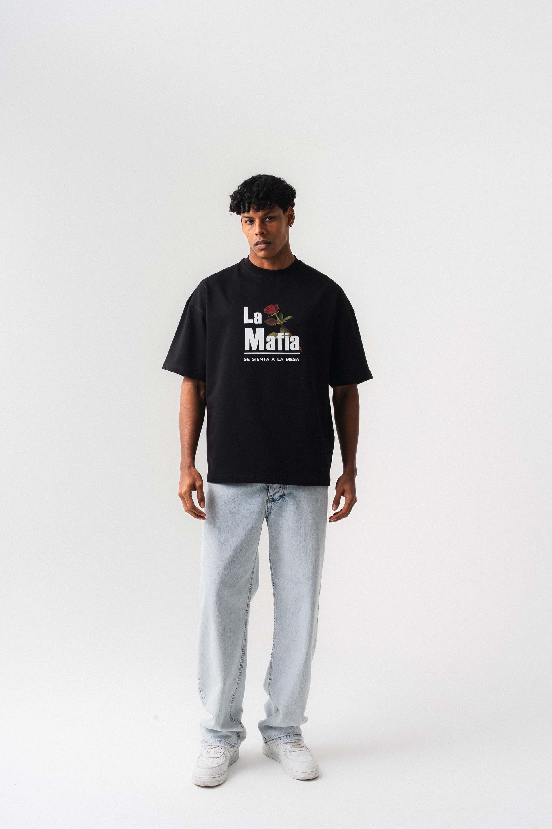 La Mafia Siyah Oversize Baskılı T-Shirt