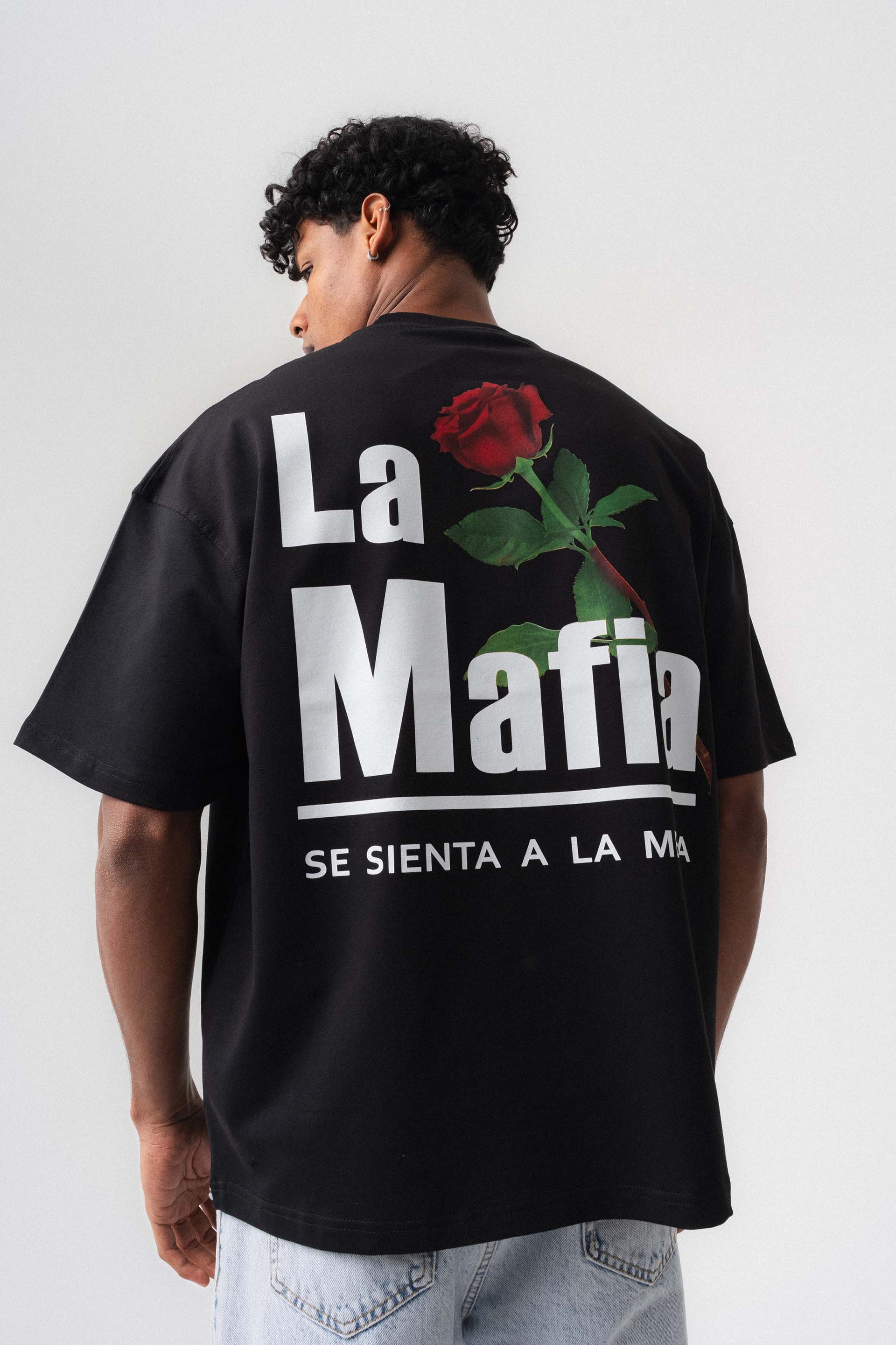 La Mafia Siyah Oversize Baskılı T-Shirt
