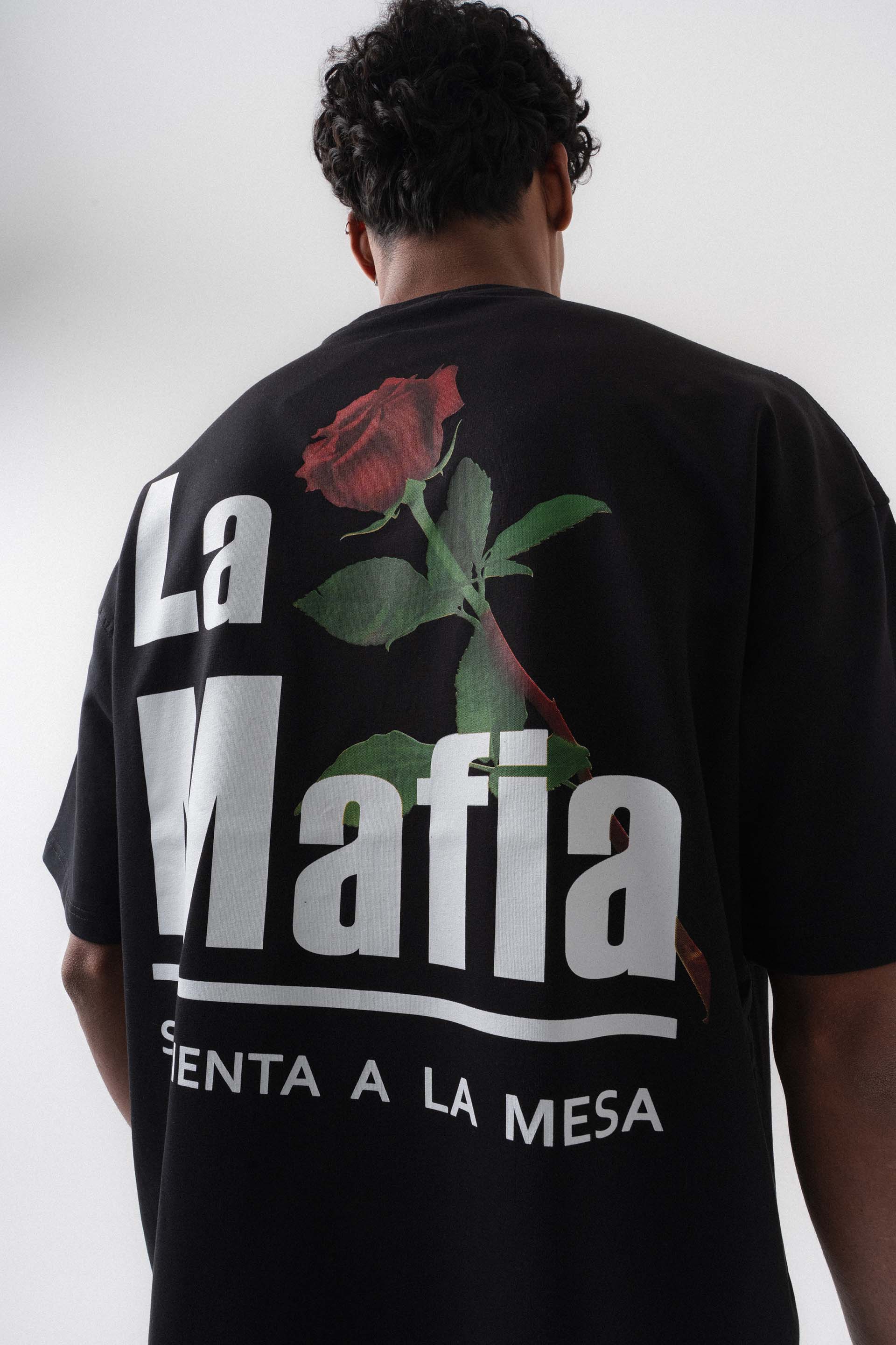 La Mafia Siyah Oversize Baskılı T-Shirt