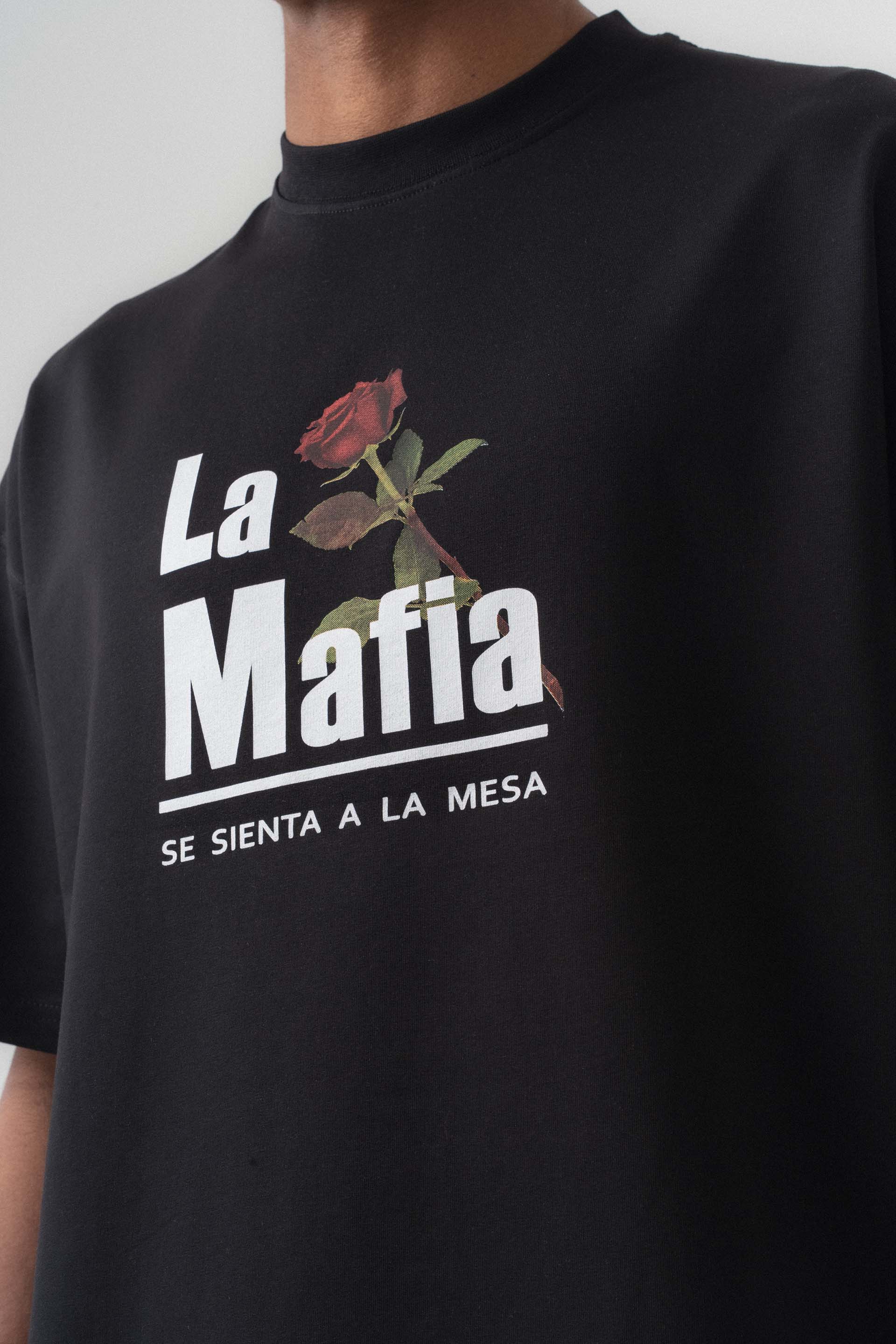 La Mafia Siyah Oversize Baskılı T-Shirt