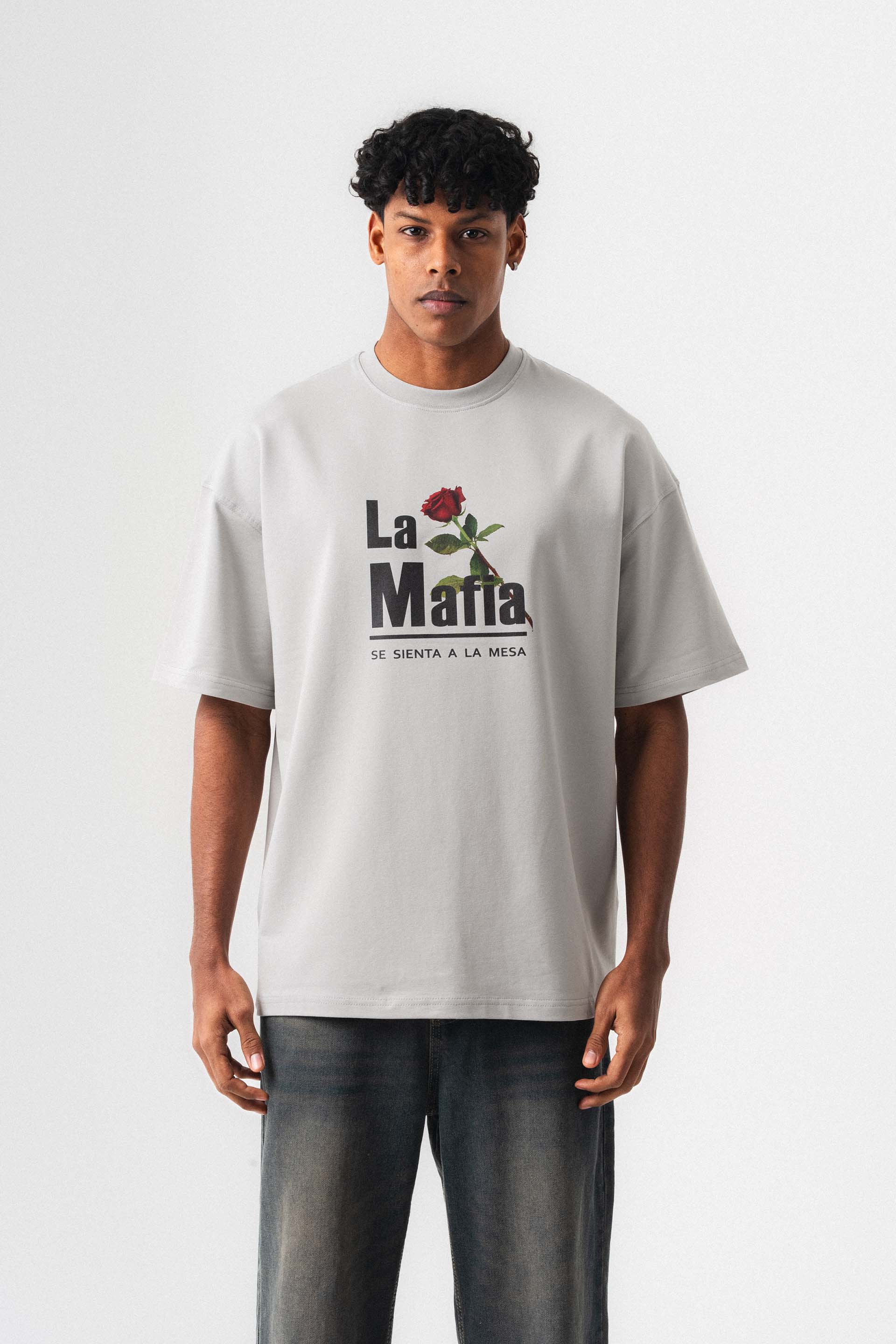 La Mafia Gri Oversize Baskılı T-Shirt