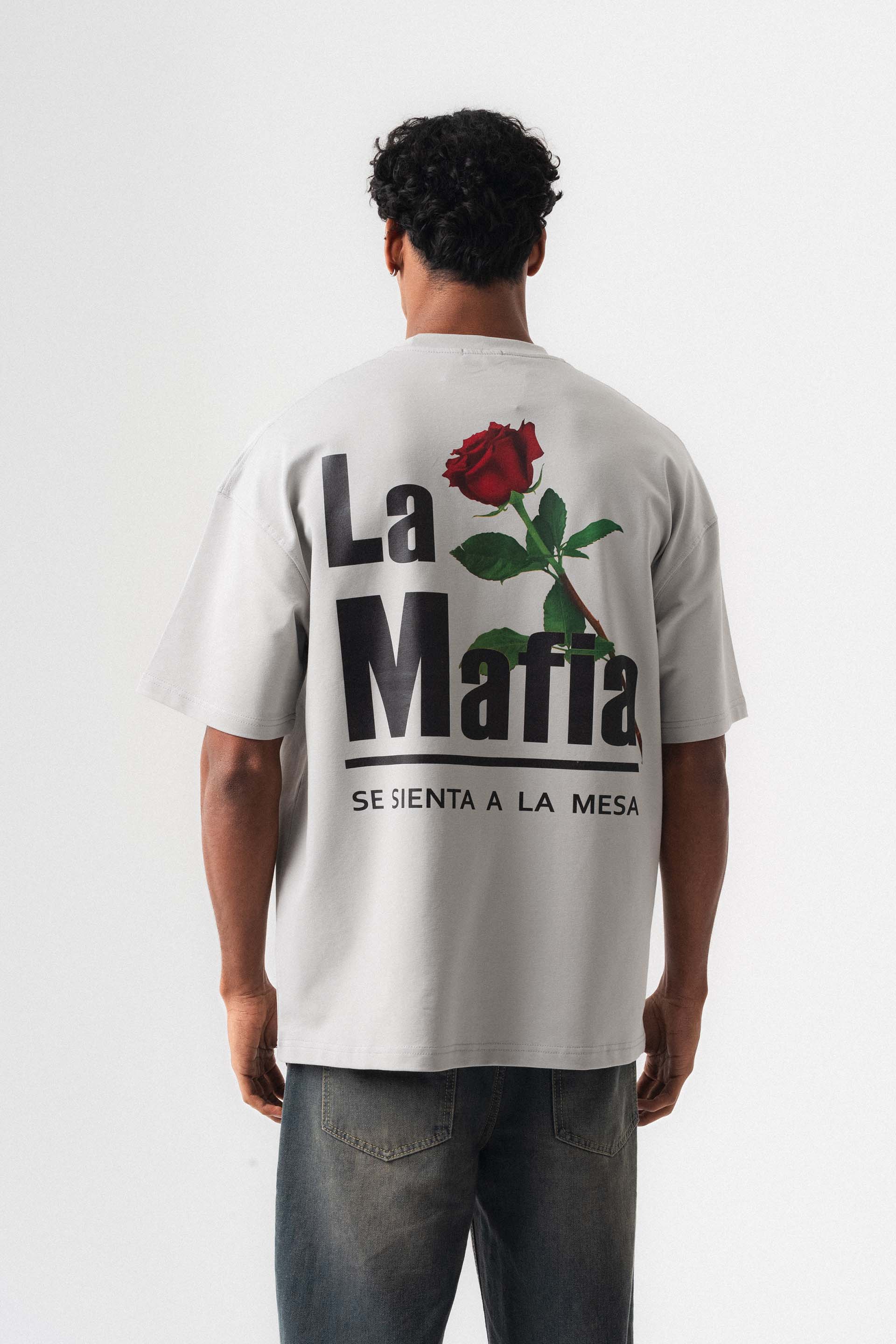 La Mafia Gri Oversize Baskılı T-Shirt