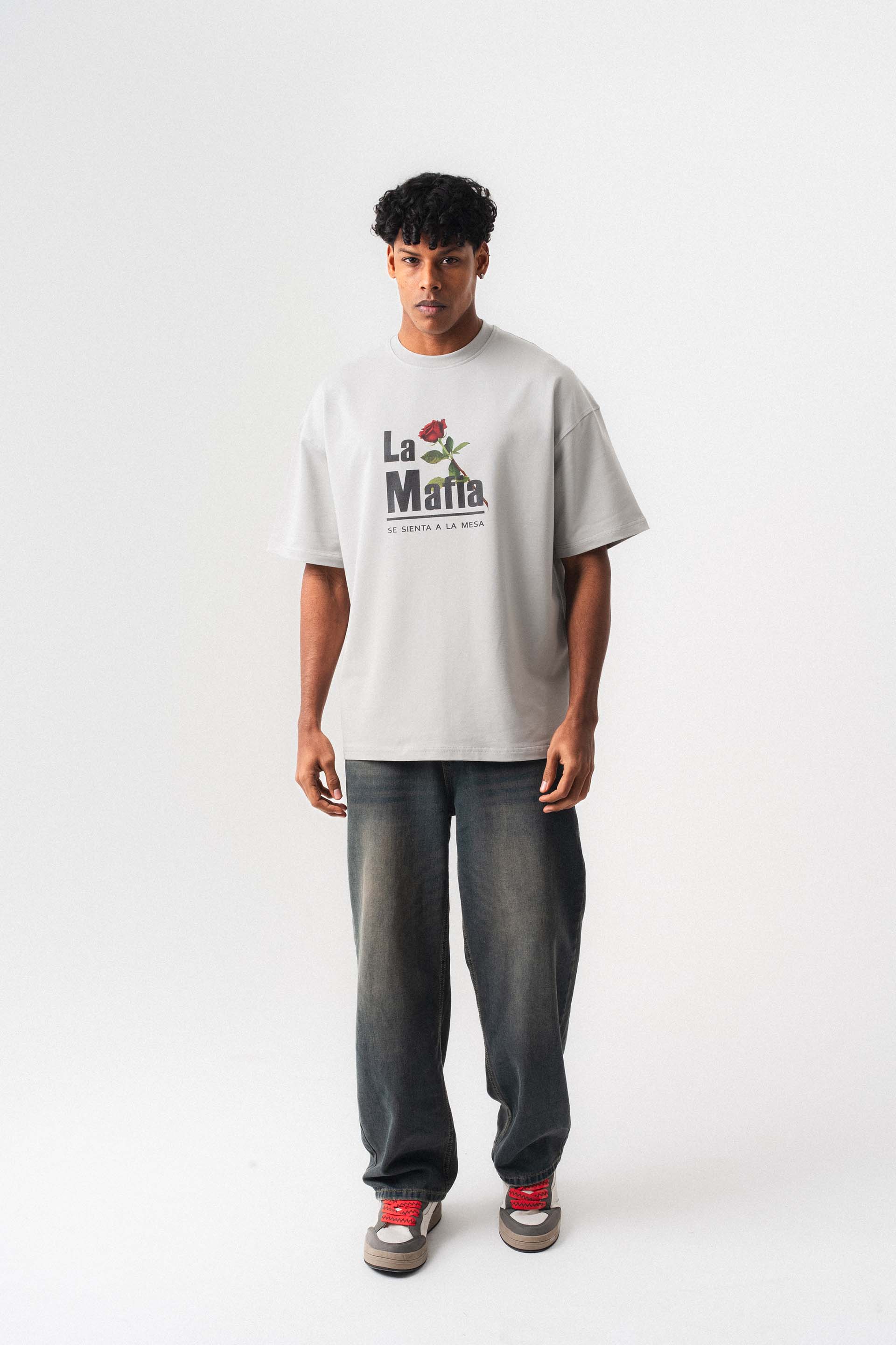 La Mafia Gri Oversize Baskılı T-Shirt