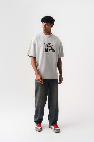 La Mafia Gri Oversize Baskılı T-Shirt