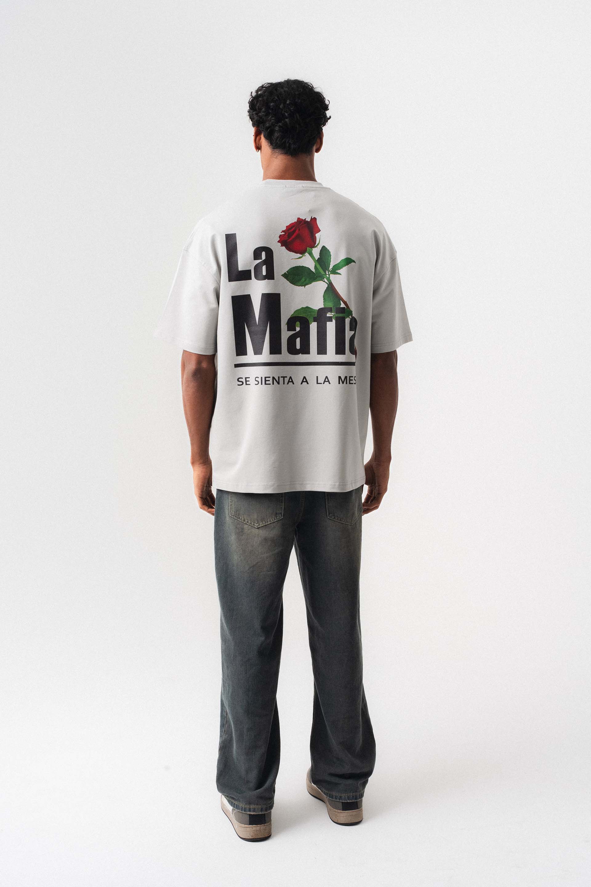 La Mafia Gri Oversize Baskılı T-Shirt