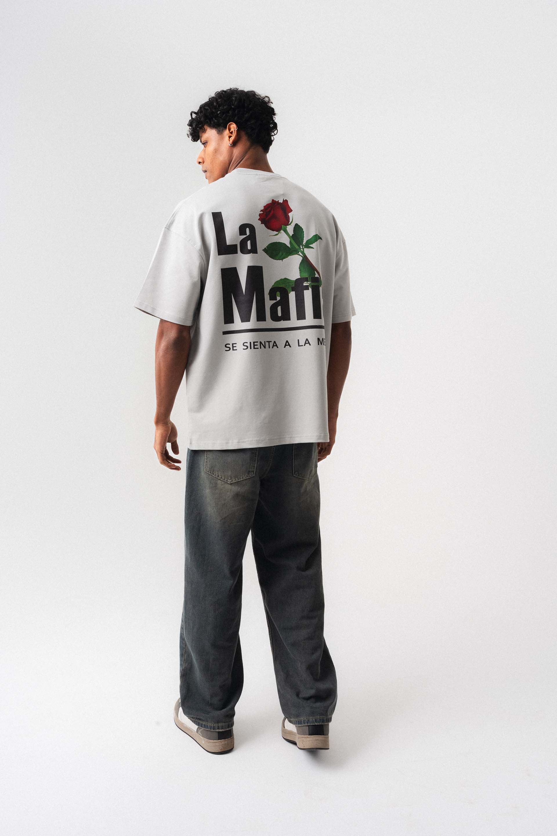La Mafia Gri Oversize Baskılı T-Shirt