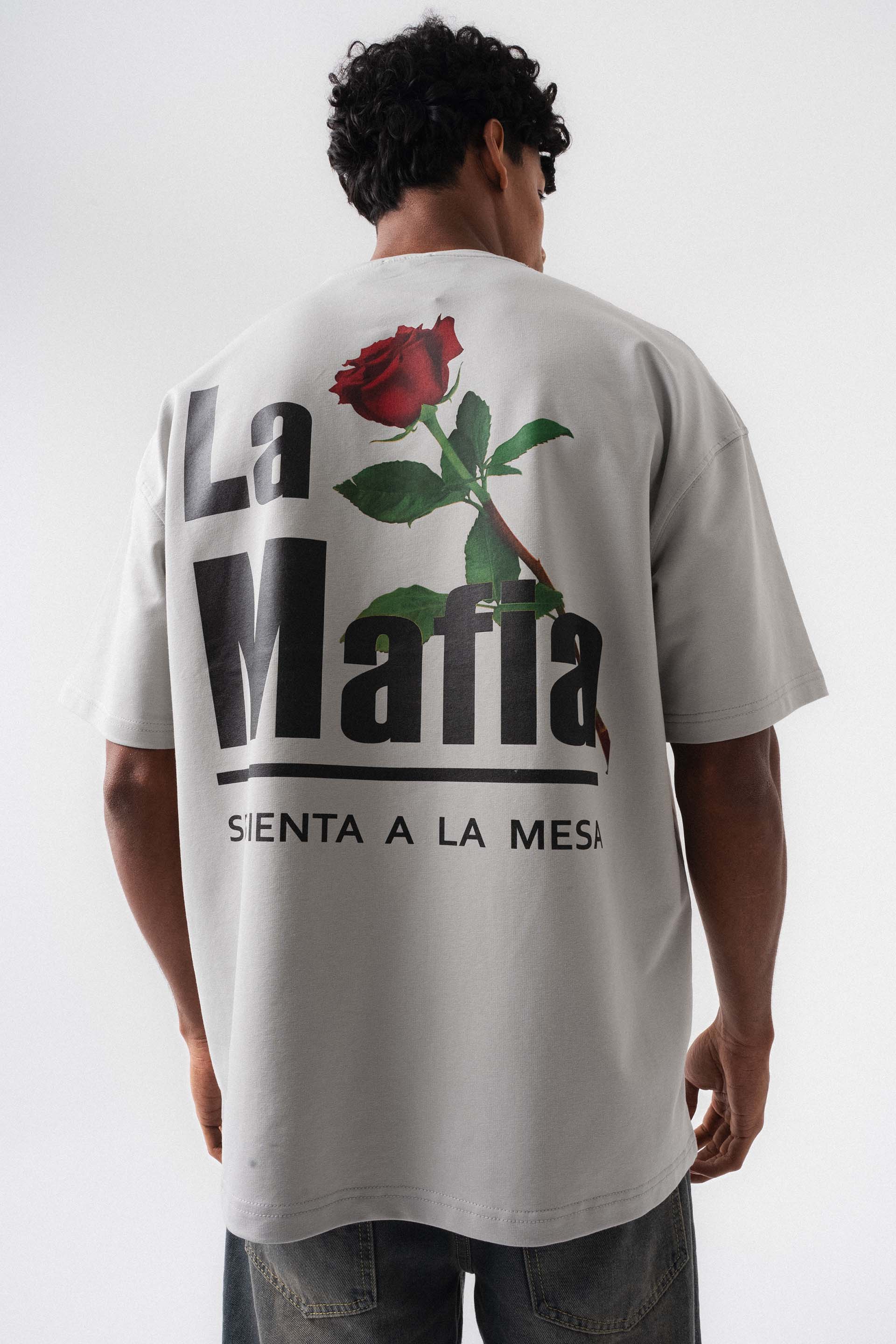 La Mafia Gri Oversize Baskılı T-Shirt