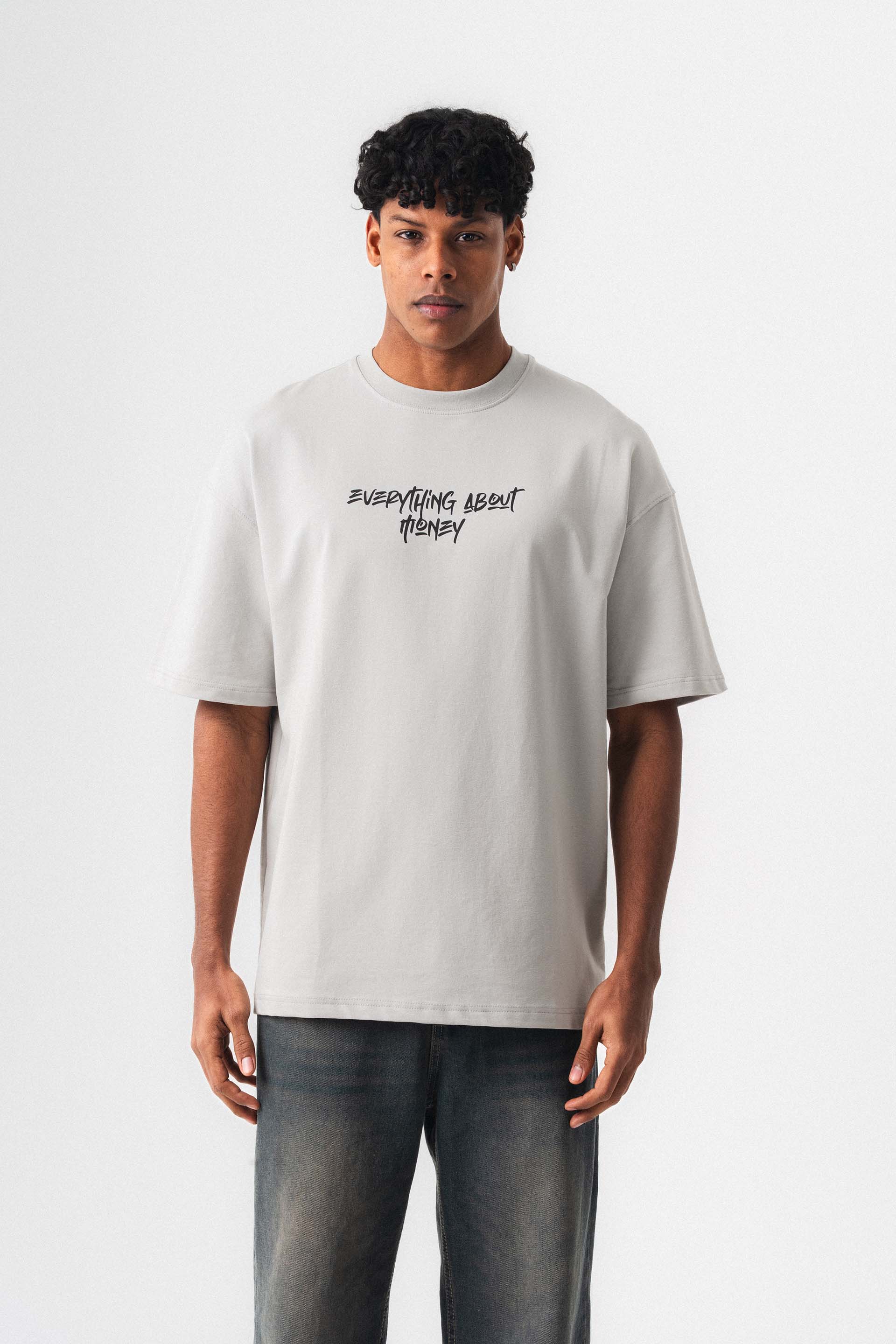 Everything About Money Gri Oversize Baskılı T-Shirt