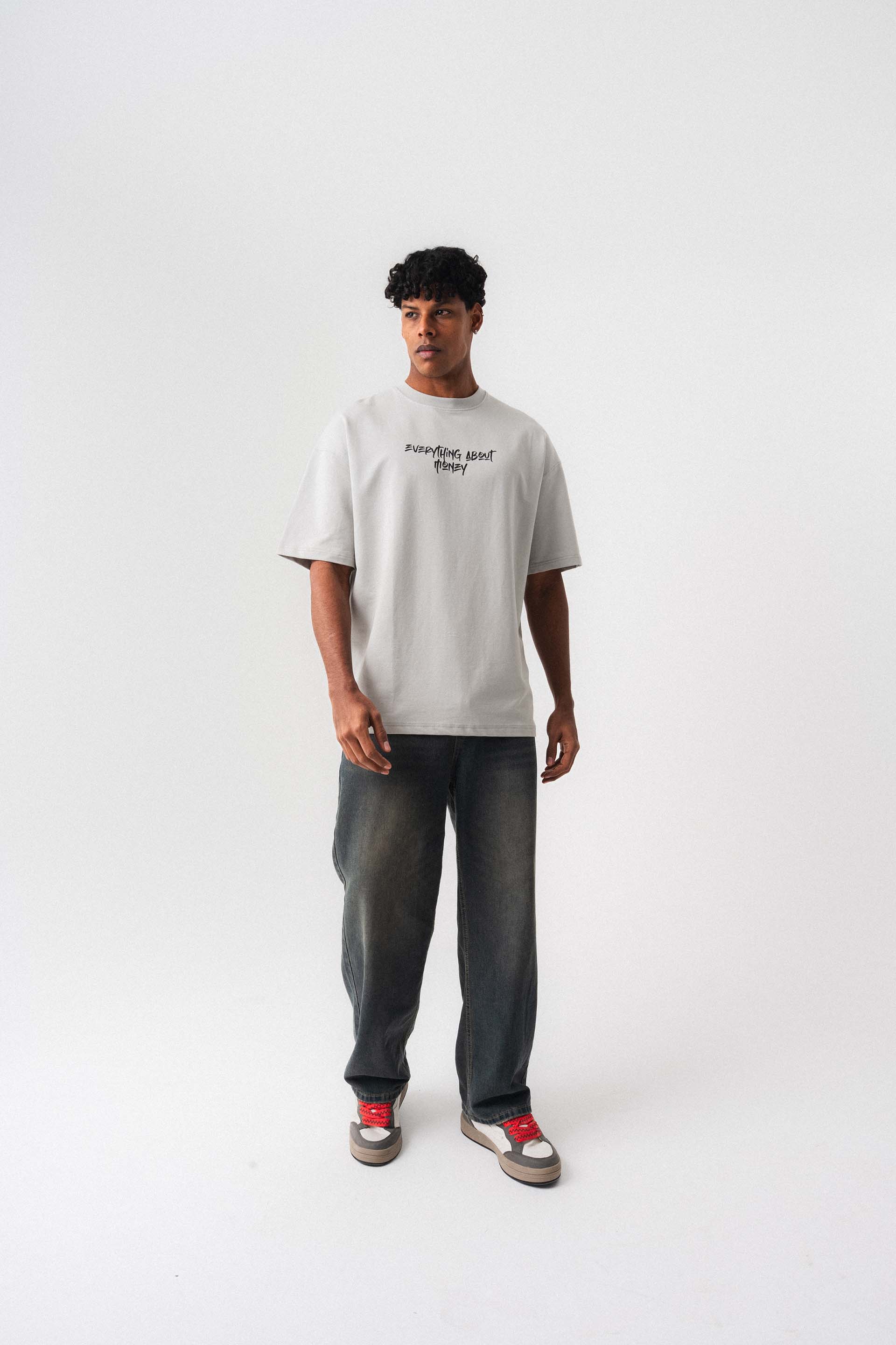 Everything About Money Gri Oversize Baskılı T-Shirt