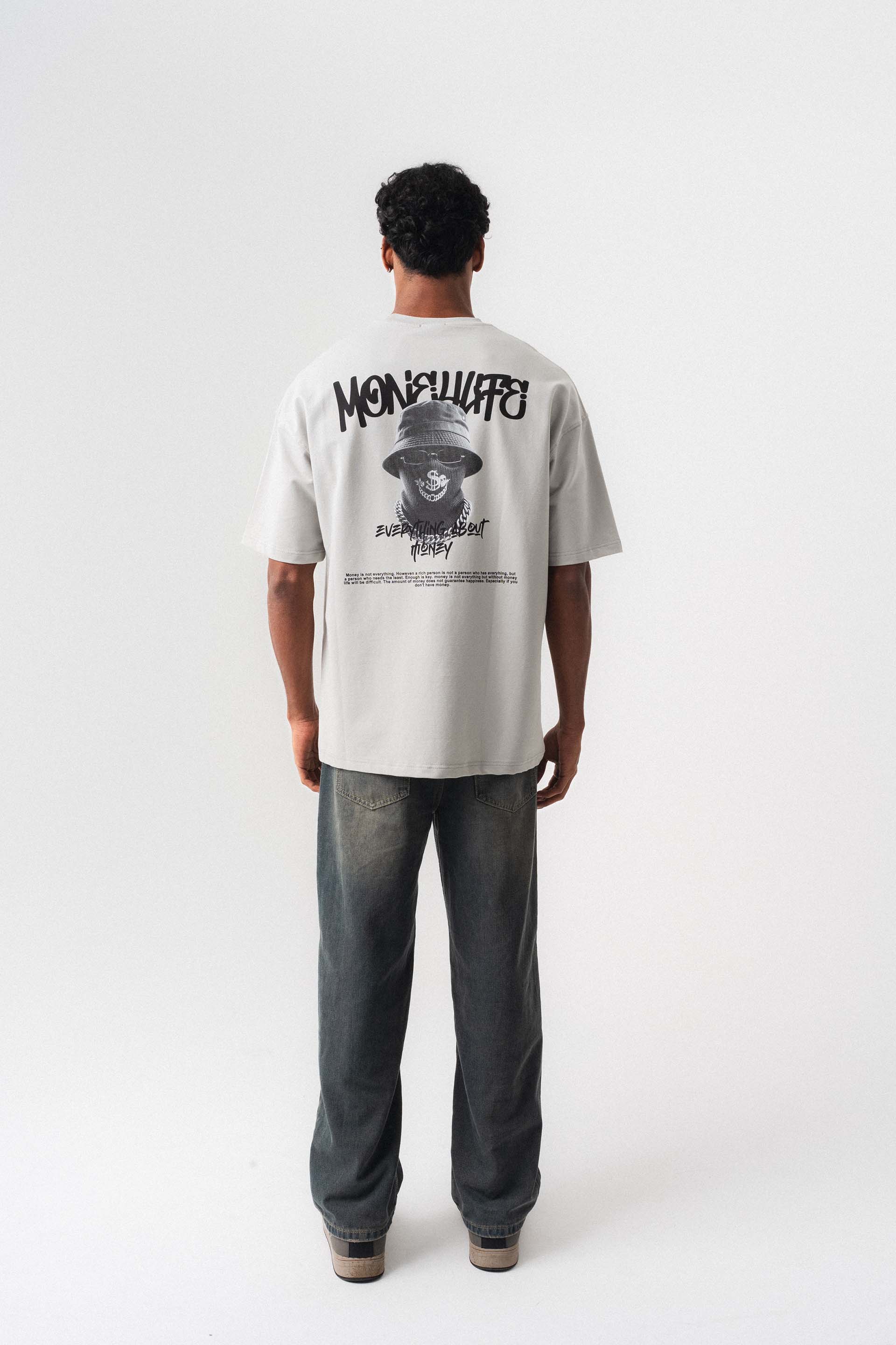 Everything About Money Gri Oversize Baskılı T-Shirt