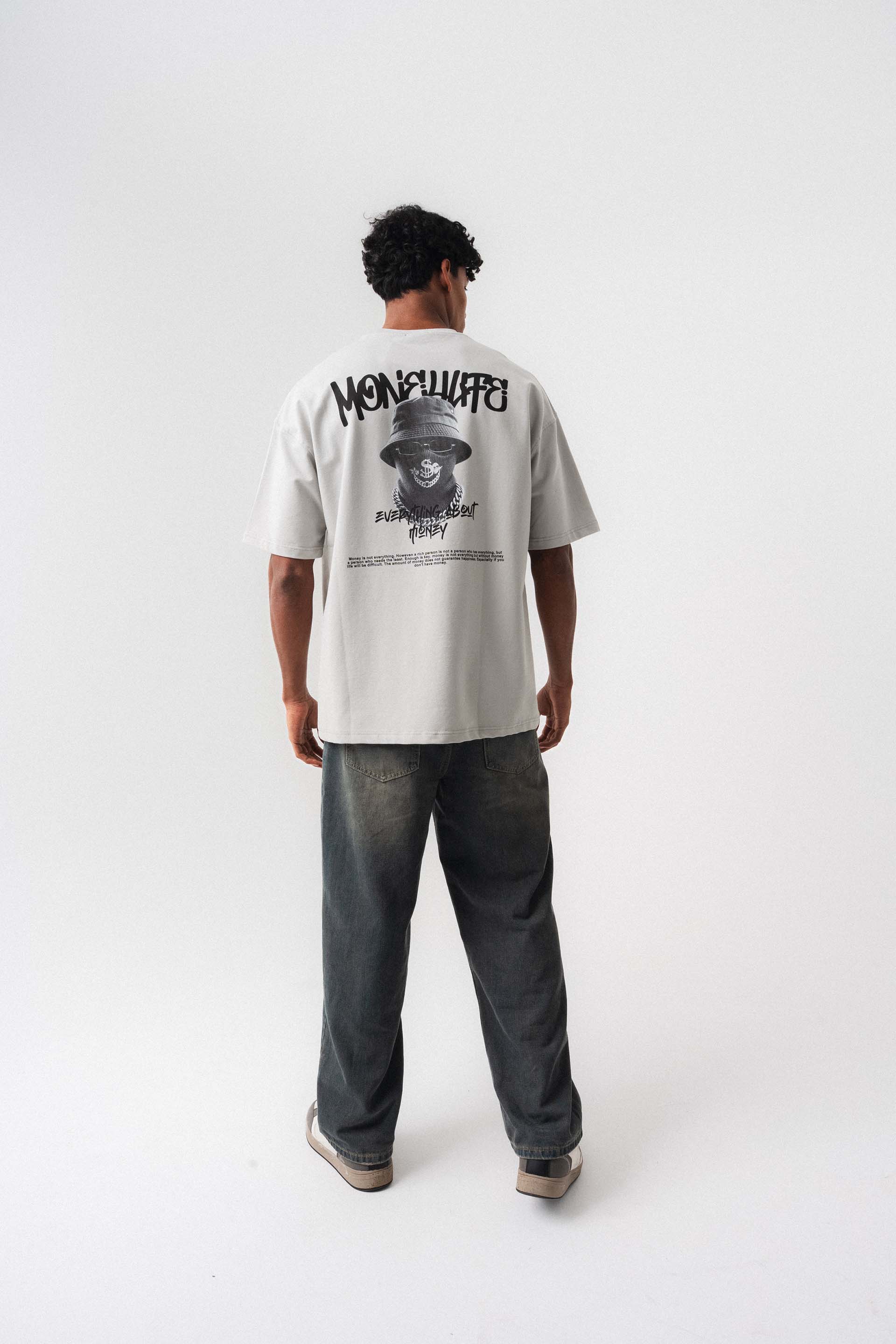 Everything About Money Gri Oversize Baskılı T-Shirt